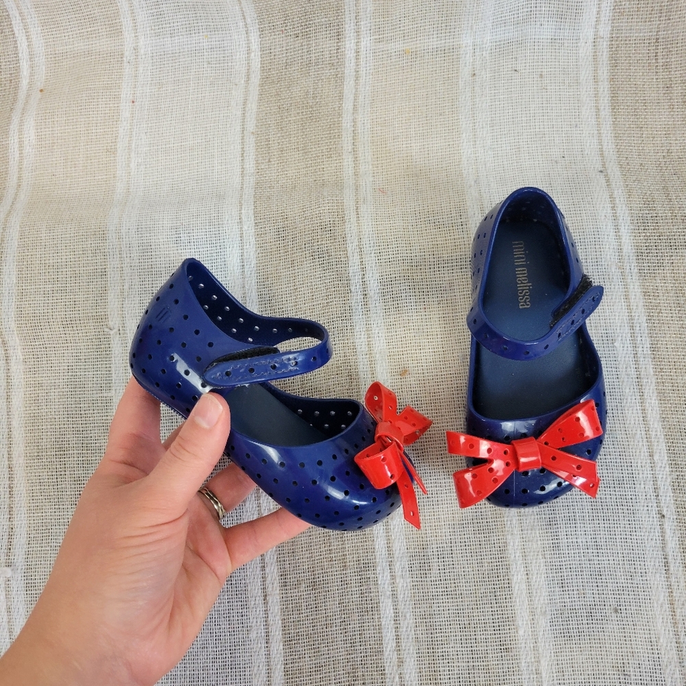 Mini Melissa Furadinha Jelly Flats Mary Jane Shoes Size 7 Blue Red Bow